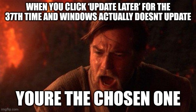 Disclaimer: This never happens | WHEN YOU CLICK ‘UPDATE LATER’ FOR THE 37TH TIME AND WINDOWS ACTUALLY DOESNT UPDATE; YOURE THE CHOSEN ONE | image tagged in memes,you were the chosen one star wars | made w/ Imgflip meme maker