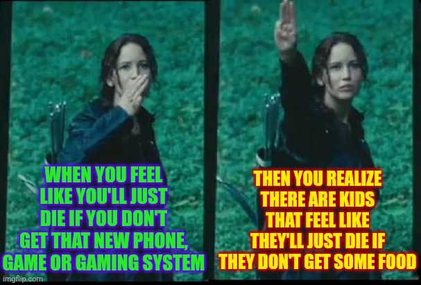 Perspective Is Everything | WHEN YOU FEEL LIKE YOU'LL JUST DIE IF YOU DON'T GET THAT NEW PHONE, GAME OR GAMING SYSTEM; THEN YOU REALIZE THERE ARE KIDS THAT FEEL LIKE THEY'LL JUST DIE IF THEY DON'T GET SOME FOOD | image tagged in katniss respect,be thankful,be grateful,be helpful,be kind,memes | made w/ Imgflip meme maker