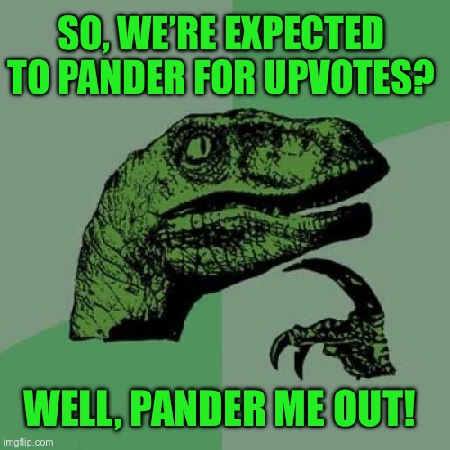 Philosoraptor | SO, WE’RE EXPECTED TO PANDER FOR UPVOTES? WELL, PANDER ME OUT! | image tagged in memes,philosoraptor | made w/ Imgflip meme maker