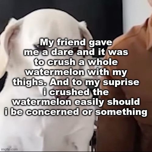 uh | My friend gave me a dare and it was to crush a whole watermelon with my thighs. And to my suprise i crushed the watermelon easily should i be concerned or something | image tagged in uh | made w/ Imgflip meme maker