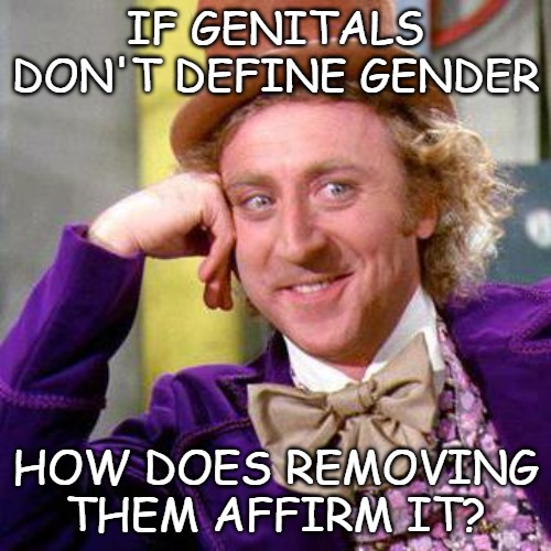 Which is it? | IF GENITALS DON'T DEFINE GENDER; HOW DOES REMOVING THEM AFFIRM IT? | image tagged in willy wonka blank,transsexuals,gender | made w/ Imgflip meme maker