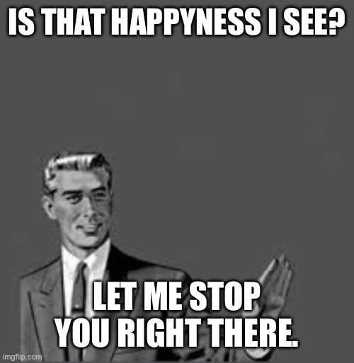 Let me stop you right there | IS THAT HAPPYNESS I SEE? LET ME STOP YOU RIGHT THERE. | image tagged in let me stop you right there | made w/ Imgflip meme maker