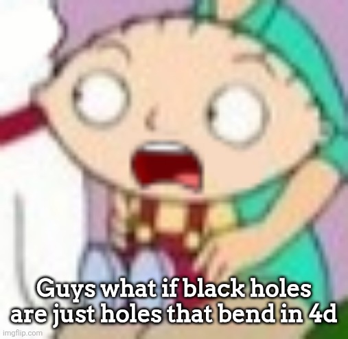 Not referring to the time dimension, I mean a spacial dimension | Guys what if black holes are just holes that bend in 4d | image tagged in stew | made w/ Imgflip meme maker