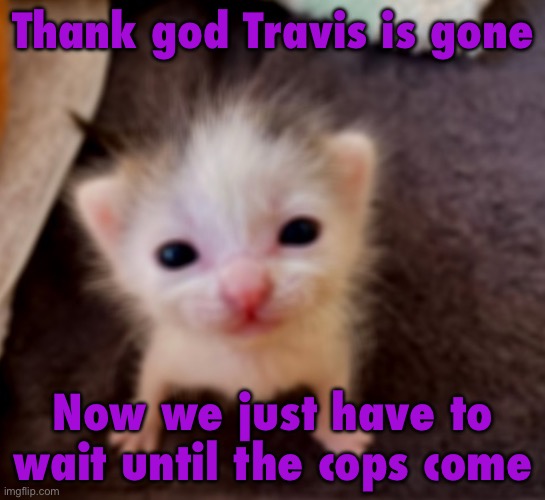 Silly goober :3 | Thank god Travis is gone; Now we just have to wait until the cops come | image tagged in silly goober 3 | made w/ Imgflip meme maker