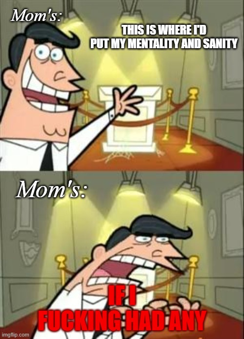 A mothers stress of having fucking kids :) | Mom's:; THIS IS WHERE I'D PUT MY MENTALITY AND SANITY; Mom's:; IF I FUCKING HAD ANY | image tagged in memes,this is where i'd put my trophy if i had one | made w/ Imgflip meme maker