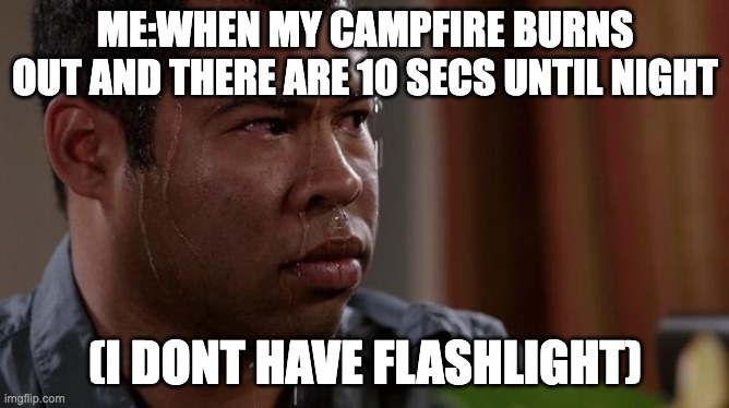 sweating bullets | ME:WHEN MY CAMPFIRE BURNS OUT AND THERE ARE 10 SECS UNTIL NIGHT; (I DONT HAVE FLASHLIGHT) | image tagged in sweating bullets | made w/ Imgflip meme maker