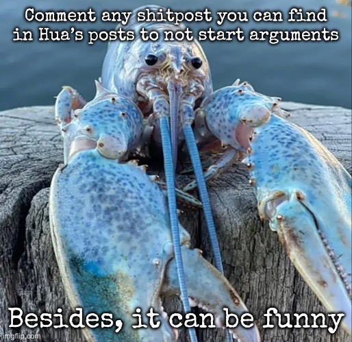 The Blue Lobster | Comment any shitpost you can find in Hua’s posts to not start arguments; Besides, it can be funny | image tagged in the blue lobster,msmg | made w/ Imgflip meme maker