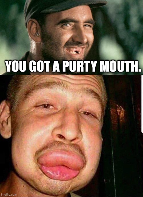 YOU GOT A PURTY MOUTH. | image tagged in deliverance hillbilly,big lips | made w/ Imgflip meme maker