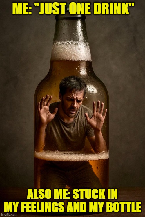 drink | ME: "JUST ONE DRINK"; ALSO ME: STUCK IN MY FEELINGS AND MY BOTTLE | image tagged in memes | made w/ Imgflip meme maker