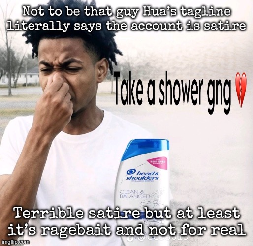 Take a shower gng | Not to be that guy Hua’s tagline literally says the account is satire; Terrible satire but at least it’s ragebait and not for real | image tagged in take a shower gng,msmg | made w/ Imgflip meme maker