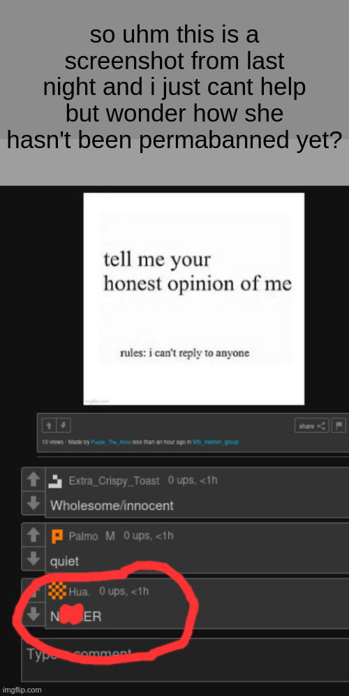 so uhm this is a screenshot from last night and i just cant help but wonder how she hasn't been permabanned yet? | made w/ Imgflip meme maker