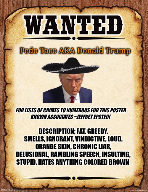 The Taco kid | Pedo Taco AKA Donald Trump; FOR LISTS OF CRIMES TO NUMEROUS FOR THIS POSTER
KNOWN ASSOCIATES ~JEFFREY EPSTEIN; DESCRIPTION; FAT, GREEDY, SMELLS, IGNORANT, VINDICTIVE, LOUD, ORANGE SKIN, CHRONIC LIAR, DELUSIONAL, RAMBLING SPEECH, INSULTING, STUPID, HATES ANYTHING COLORED BROWN | image tagged in trump,wanted,for crimes,against humanity,considered,dangerous | made w/ Imgflip meme maker