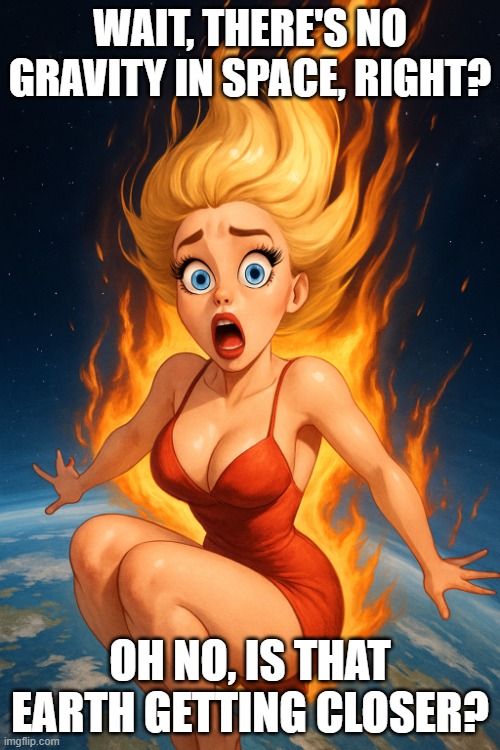 blonde woman's realization as she falls from space | WAIT, THERE'S NO GRAVITY IN SPACE, RIGHT? OH NO, IS THAT EARTH GETTING CLOSER? | image tagged in blonde woman's realization as she falls from space | made w/ Imgflip meme maker