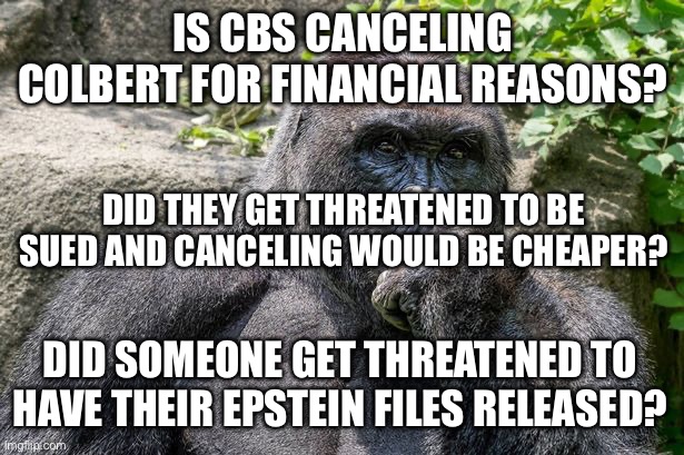 Pondering colbert | IS CBS CANCELING COLBERT FOR FINANCIAL REASONS? DID THEY GET THREATENED TO BE SUED AND CANCELING WOULD BE CHEAPER? DID SOMEONE GET THREATENED TO HAVE THEIR EPSTEIN FILES RELEASED? | image tagged in harambe pondering | made w/ Imgflip meme maker