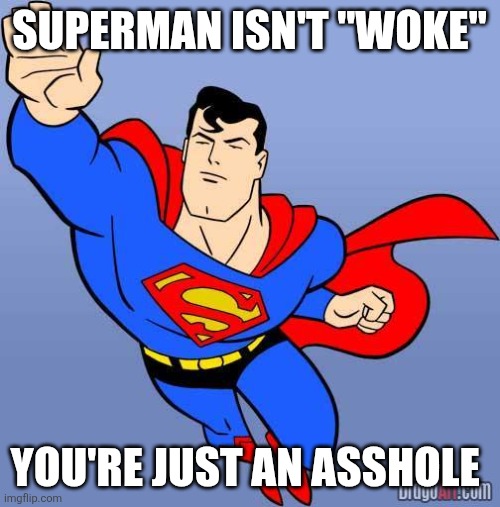 Superman | SUPERMAN ISN'T "WOKE"; YOU'RE JUST AN ASSHOLE | image tagged in superman | made w/ Imgflip meme maker