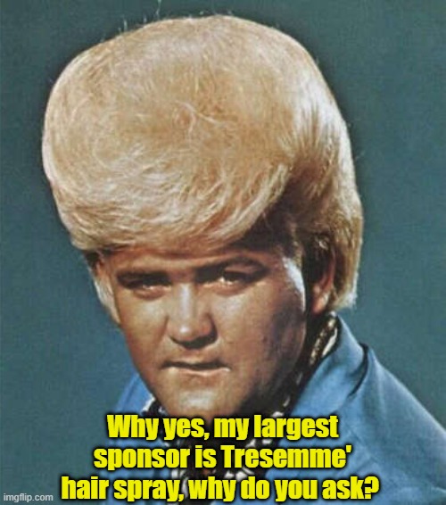 Just begging to become a meme someday | Why yes, my largest sponsor is Tresemme' hair spray, why do you ask? | image tagged in funny,bad hair day,memes,hairstyle | made w/ Imgflip meme maker