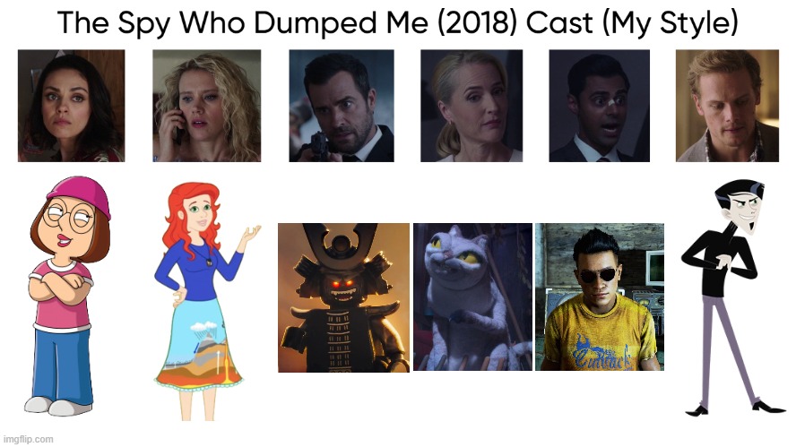 The Spy Who Dumped Me (2018) Cast (My Style) | image tagged in the spy who dumped me 2018 cast my style,meme,memes,spoof cast,the spy who dumped me,characters | made w/ Imgflip meme maker