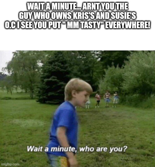 Wait a minute, who are you? | WAIT A MINUTE... ARNT YOU THE GUY WHO OWNS KRIS'S AND SUSIE'S O.C I SEE YOU PUT " MM TASTY" EVERYWHERE! | image tagged in wait a minute who are you | made w/ Imgflip meme maker