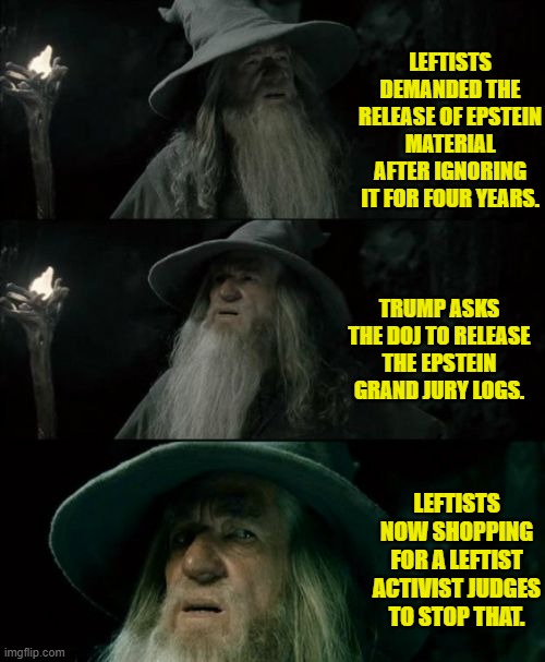 Ironic. | LEFTISTS DEMANDED THE RELEASE OF EPSTEIN MATERIAL AFTER IGNORING IT FOR FOUR YEARS. TRUMP ASKS THE DOJ TO RELEASE THE EPSTEIN GRAND JURY LOGS. LEFTISTS NOW SHOPPING FOR A LEFTIST ACTIVIST JUDGES TO STOP THAT. | image tagged in confused gandalf | made w/ Imgflip meme maker