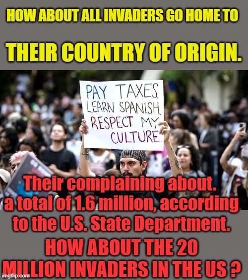 The hypocrisy is massive with Mexicans .. Legal retires compared to Illegal invaders funny stuff Pablo | THEIR COUNTRY OF ORIGIN. HOW ABOUT ALL INVADERS GO HOME TO; Their complaining about.  a total of 1.6 million, according to the U.S. State Department. HOW ABOUT THE 20 MILLION INVADERS IN THE US ? | made w/ Imgflip meme maker