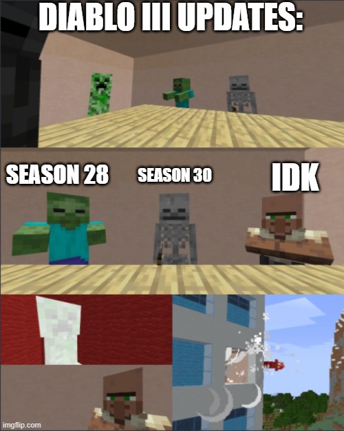 Minecraft boardroom meeting | DIABLO III UPDATES:; SEASON 28; SEASON 30; IDK | image tagged in minecraft boardroom meeting | made w/ Imgflip meme maker