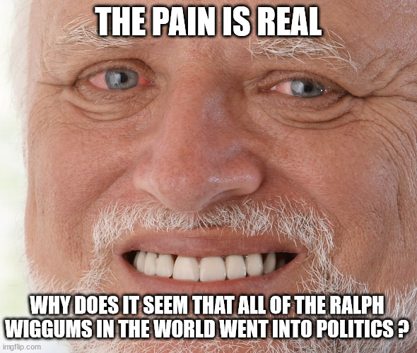 The Pain is Real | THE PAIN IS REAL; WHY DOES IT SEEM THAT ALL OF THE RALPH WIGGUMS IN THE WORLD WENT INTO POLITICS ? | image tagged in hide the pain harold,ralph,why,unqualified,incompetence,weak | made w/ Imgflip meme maker
