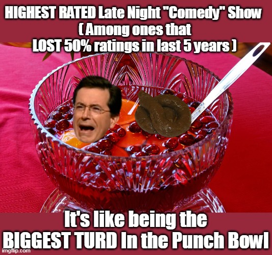 The Cancelor gets Cancelled | HIGHEST RATED Late Night "Comedy" Show 
( Among ones that LOST 50% ratings in last 5 years ); It's like being the BIGGEST TURD In the Punch Bowl | image tagged in colbert late night cancel meme | made w/ Imgflip meme maker