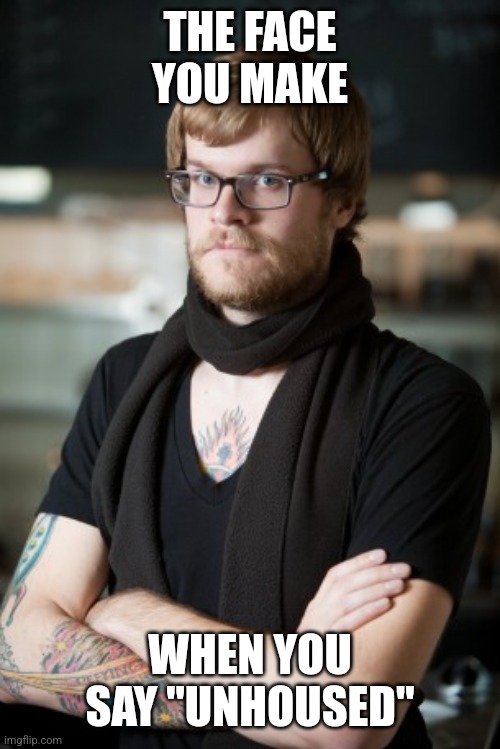 Truth | THE FACE YOU MAKE; WHEN YOU SAY "UNHOUSED" | image tagged in memes,hipster barista | made w/ Imgflip meme maker