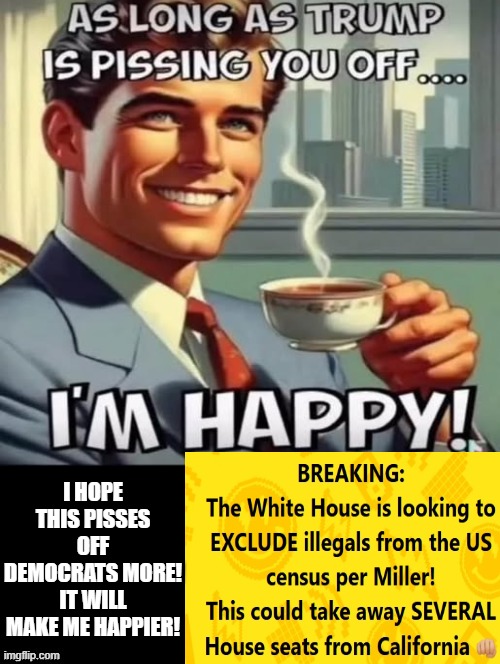 President Trump! Please make me happier!! | I HOPE THIS PISSES OFF DEMOCRATS MORE! IT WILL MAKE ME HAPPIER! | image tagged in happiness is | made w/ Imgflip meme maker