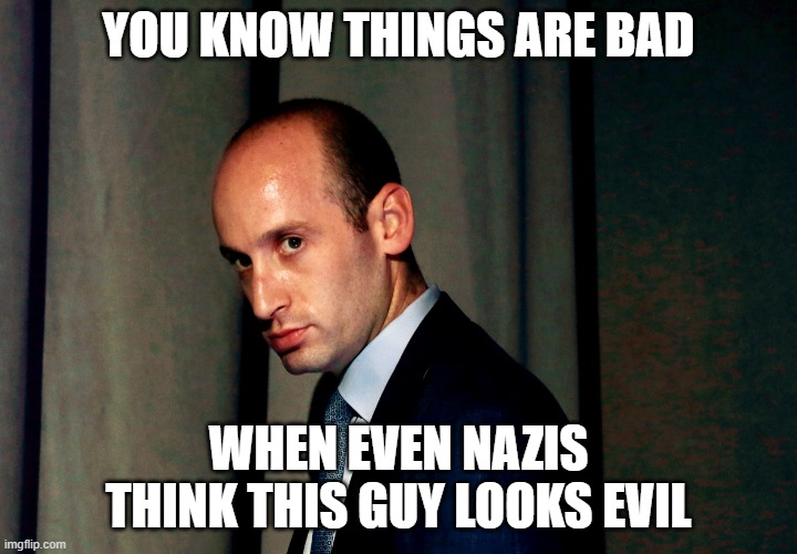 Stephen Miller | YOU KNOW THINGS ARE BAD; WHEN EVEN NAZIS THINK THIS GUY LOOKS EVIL | image tagged in stephen miller | made w/ Imgflip meme maker