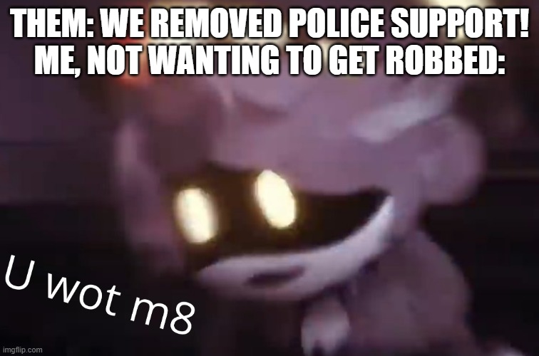 U wot m8 | THEM: WE REMOVED POLICE SUPPORT!
ME, NOT WANTING TO GET ROBBED: | image tagged in u wot m8 | made w/ Imgflip meme maker