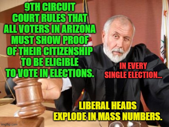 Judge | 9TH CIRCUIT COURT RULES THAT ALL VOTERS IN ARIZONA MUST SHOW PROOF OF THEIR CITIZENSHIP TO BE ELIGIBLE TO VOTE IN ELECTIONS. IN EVERY SINGLE ELECTION... LIBERAL HEADS EXPLODE IN MASS NUMBERS. | image tagged in judge | made w/ Imgflip meme maker