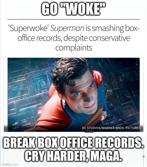 GO "WOKE"; BREAK BOX OFFICE RECORDS.
CRY HARDER, MAGA. | made w/ Imgflip meme maker