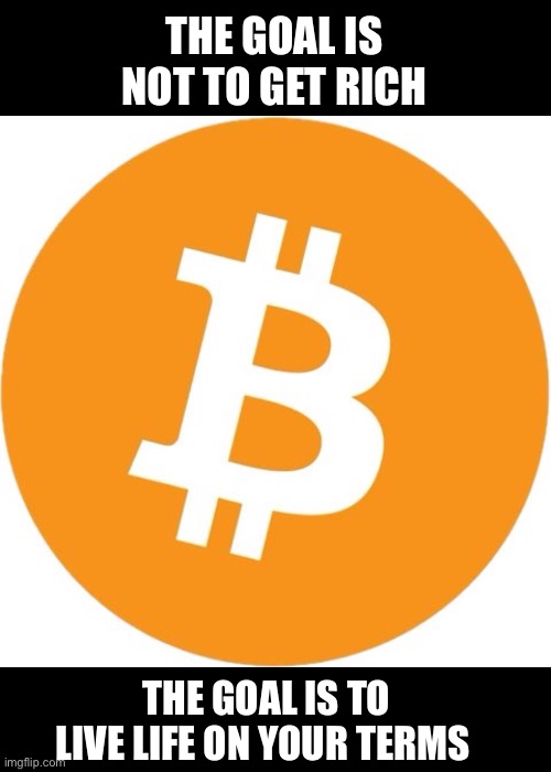 Bitcoin | THE GOAL IS NOT TO GET RICH; THE GOAL IS TO LIVE LIFE ON YOUR TERMS | image tagged in memes | made w/ Imgflip meme maker