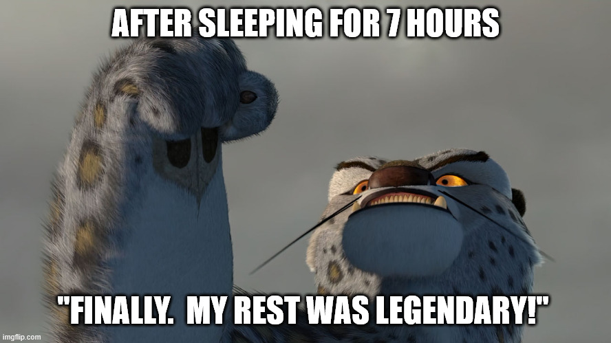 Legendary Sleep | AFTER SLEEPING FOR 7 HOURS; "FINALLY.  MY REST WAS LEGENDARY!" | image tagged in tai lung,no sleep | made w/ Imgflip meme maker
