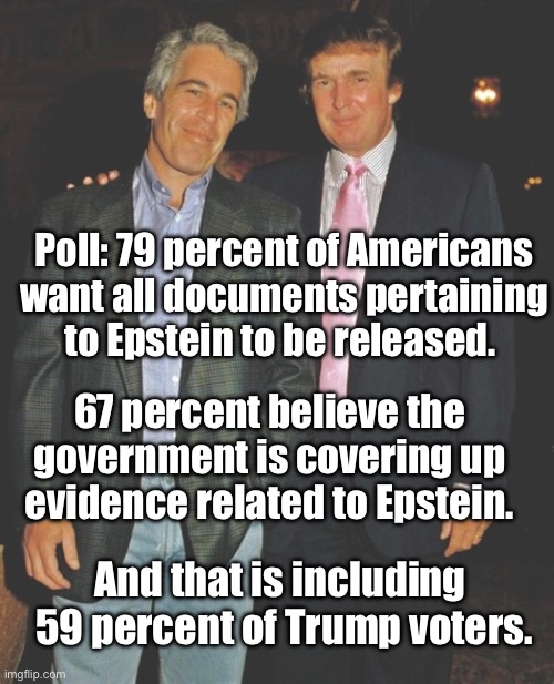 Everyone wants to know the truth | Poll: 79 percent of Americans want all documents pertaining to Epstein to be released. 67 percent believe the government is covering up evidence related to Epstein. And that is including 
59 percent of Trump voters. | image tagged in trump,jeffrey epstein | made w/ Imgflip meme maker