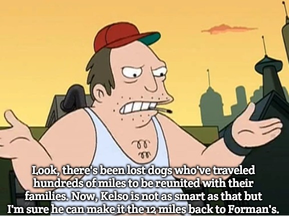 Slavic Sal | Look, there's been lost dogs who've traveled hundreds of miles to be reunited with their families. Now, Kelso is not as smart as that but I'm sure he can make it the 12 miles back to Forman's. | image tagged in slavic sal,slavic lives matter | made w/ Imgflip meme maker