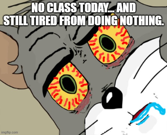 Energy level = 0 | NO CLASS TODAY… AND STILL TIRED FROM DOING NOTHING. | image tagged in tired tom | made w/ Imgflip meme maker