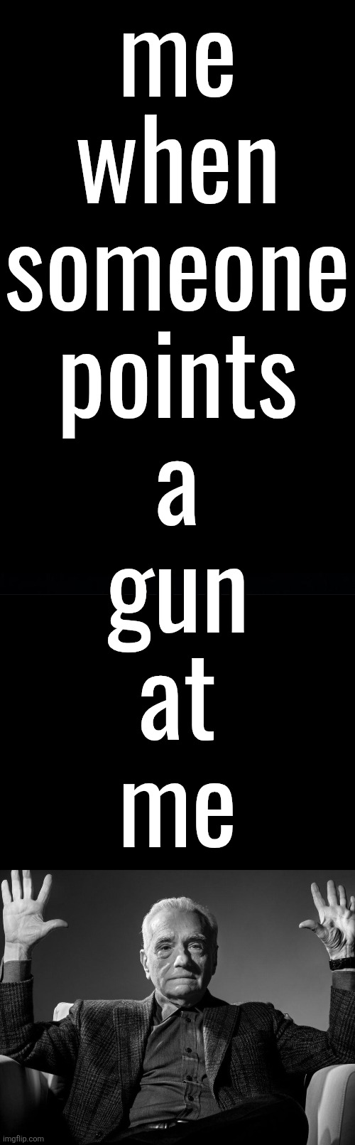 me
when
someone
points
a
gun
at
me | image tagged in absolute cinema | made w/ Imgflip meme maker
