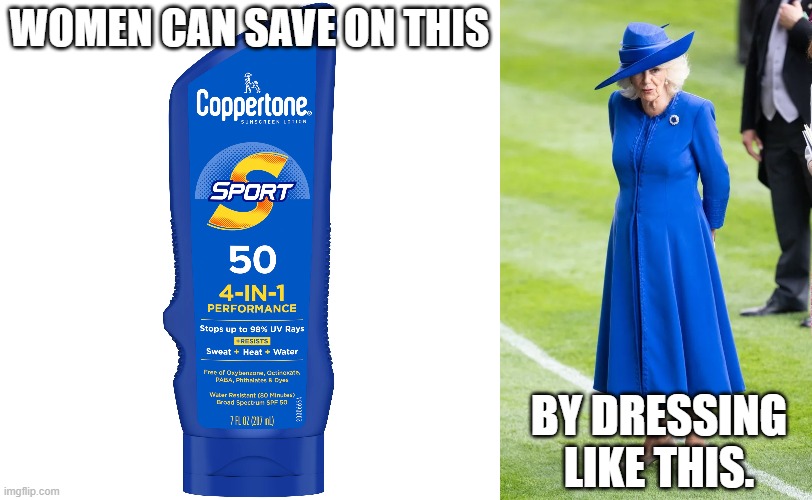 How modesty saves money | WOMEN CAN SAVE ON THIS; BY DRESSING
LIKE THIS. | image tagged in suntan lotion,sunscreen,modesty,queen camilla,long sleeves,hat | made w/ Imgflip meme maker