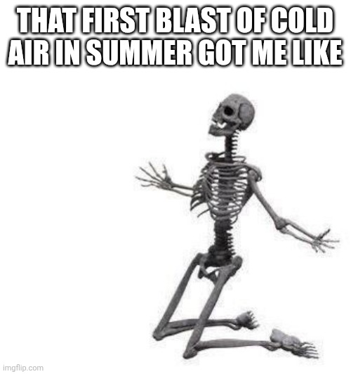 Relatable | THAT FIRST BLAST OF COLD AIR IN SUMMER GOT ME LIKE | image tagged in skeleton on knees arms raised to the sky in dramatic gratitude | made w/ Imgflip meme maker