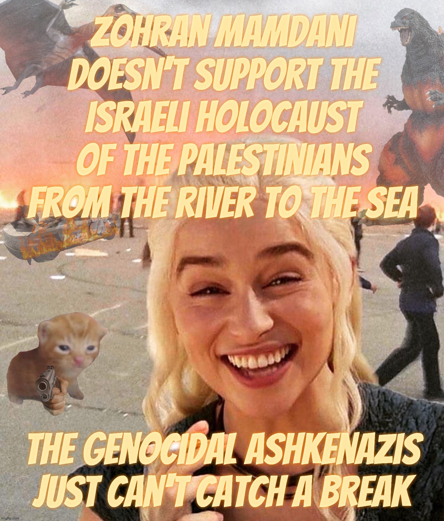Disaster Smoker Gal kitchen sink edition | Zohran Mamdani doesn't support the Israeli Holocaust of the Palestinians from the river to the Sea The genocidal ashkenazis just can't catch | image tagged in disaster smoker gal kitchen sink edition | made w/ Imgflip meme maker