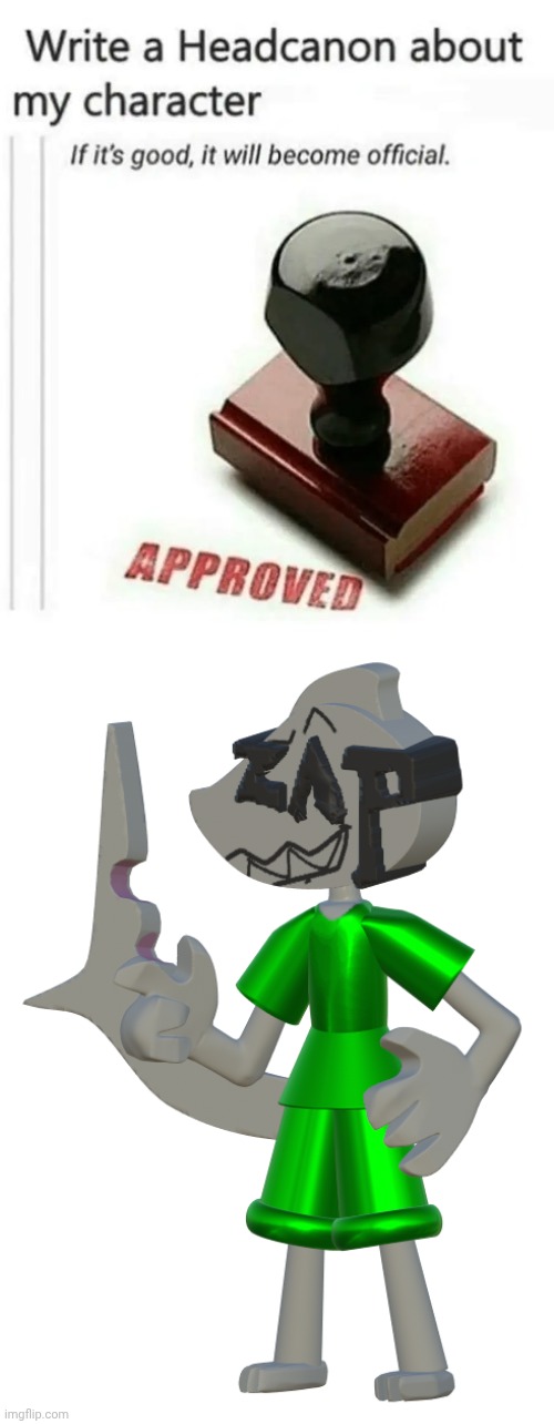 image tagged in write a headcanon about my character,zap official render | made w/ Imgflip meme maker