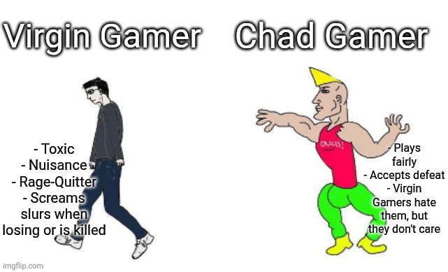 The Two Types of Gamers | Virgin Gamer; Chad Gamer; - Plays fairly
- Accepts defeat
- Virgin Gamers hate them, but they don't care; - Toxic
- Nuisance
- Rage-Quitter
- Screams slurs when losing or is killed | image tagged in virgin vs chad,memes | made w/ Imgflip meme maker