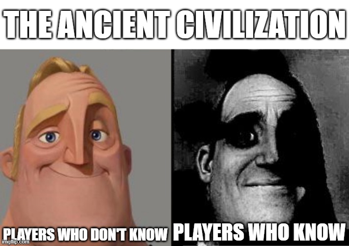 Mhwilds give us a lot of info on the ancient civilization which may or may not make some fans regret it | THE ANCIENT CIVILIZATION; PLAYERS WHO DON'T KNOW; PLAYERS WHO KNOW | image tagged in traumatized mr incredible,monster hunter,lore | made w/ Imgflip meme maker