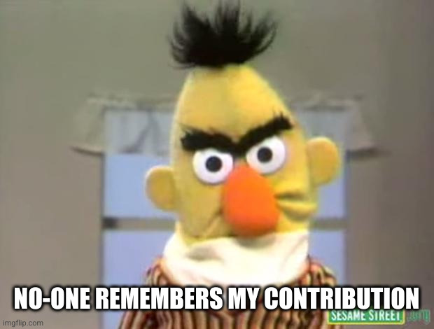 Sesame Street - Angry Bert | NO-ONE REMEMBERS MY CONTRIBUTION | image tagged in sesame street - angry bert | made w/ Imgflip meme maker