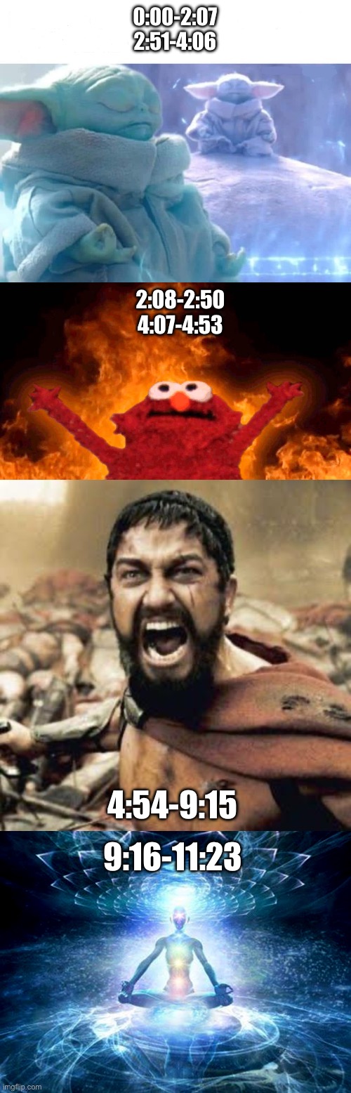 0:00-2:07
2:51-4:06; 2:08-2:50
4:07-4:53; 4:54-9:15; 9:16-11:23 | image tagged in baby yoda meditating,elmo fire,this is sparta,enlightened mind | made w/ Imgflip meme maker