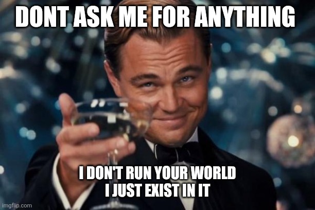 Leonardo Dicaprio Cheers | DONT ASK ME FOR ANYTHING; I DON'T RUN YOUR WORLD
I JUST EXIST IN IT | image tagged in memes,leonardo dicaprio cheers | made w/ Imgflip meme maker