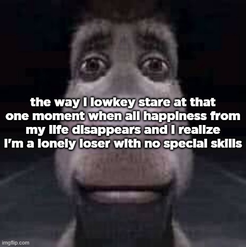 Donkey staring | the way i lowkey stare at that one moment when all happiness from my life disappears and I realize I'm a lonely loser with no special skills | image tagged in donkey staring | made w/ Imgflip meme maker