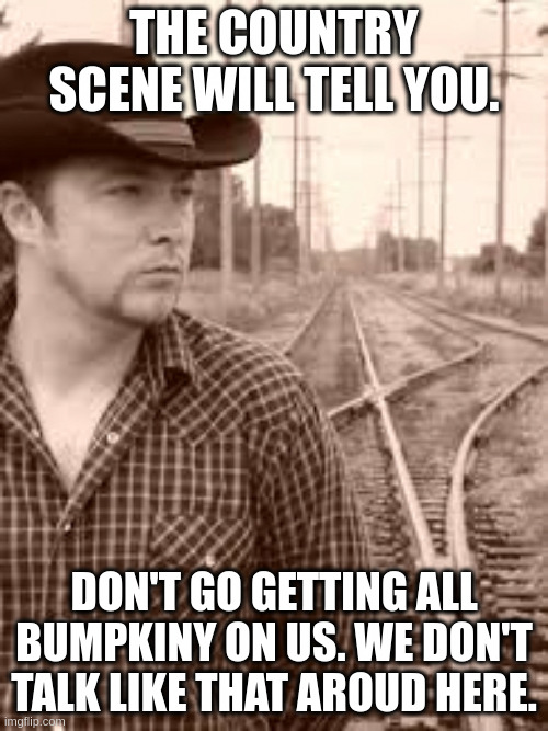 country | THE COUNTRY SCENE WILL TELL YOU. DON'T GO GETTING ALL BUMPKINY ON US. WE DON'T TALK LIKE THAT AROUD HERE. | image tagged in kyle lamb | made w/ Imgflip meme maker